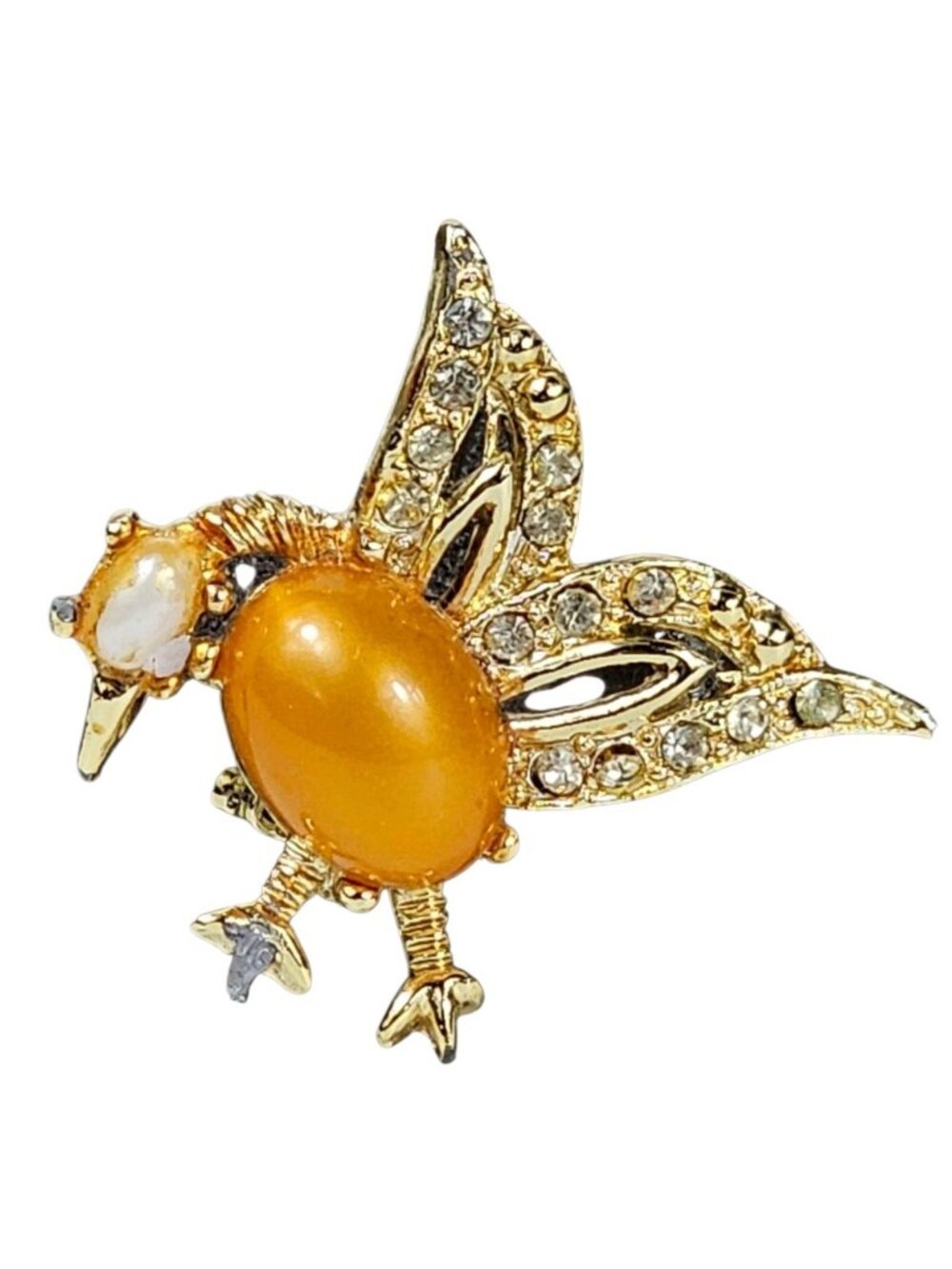 Gold Tone Bird Brooch with Amber color Cabochon & Rhinestone Wings Retro VTG